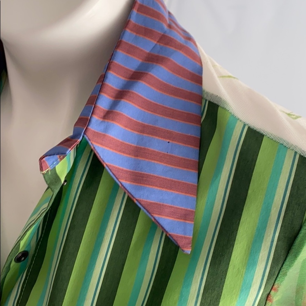 Save the Queen green multicolor stripe snap shirt S - Picture 13 of 14